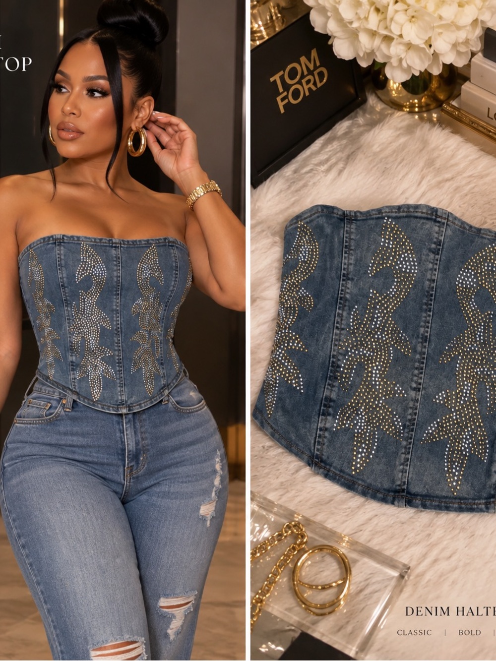 Denim Strapless Corset Top with Rhinestone Leaf Motif - Blue